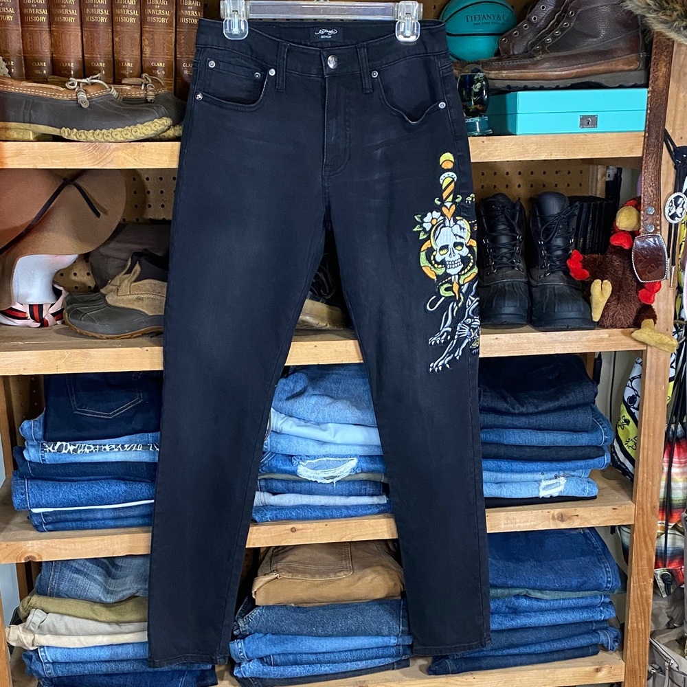 Ed Hardy Black Stretch Tattoo Jeans – Black Panther Embroidery, Size 30
